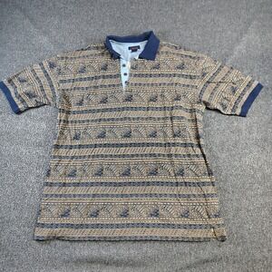 Saugatuck Polo Shirt Mens Large Brown Blue Tribal Geometric Cotton Pique Vintage